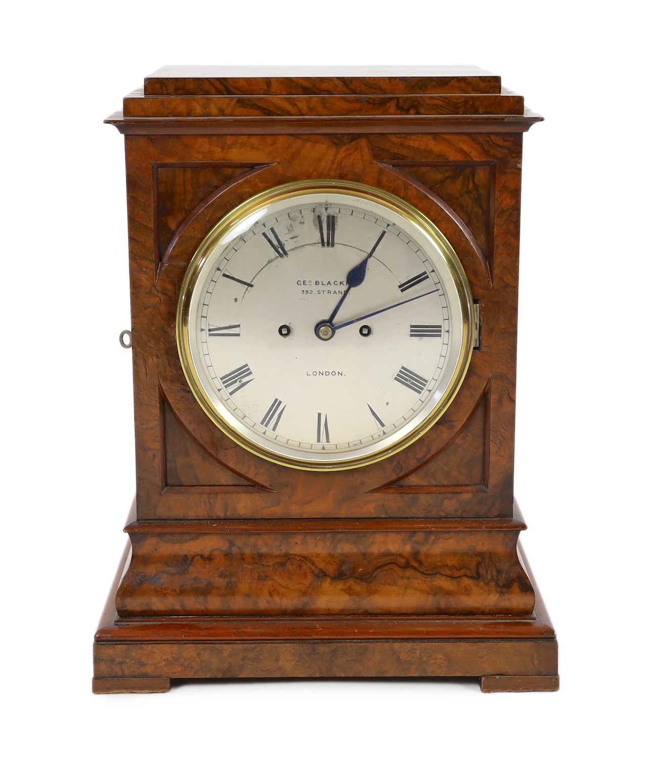 George Blackie, 392 Strand, London. A Victorian figured walnut mantel clock, 35cm wide, 24cm deep, 46cm high